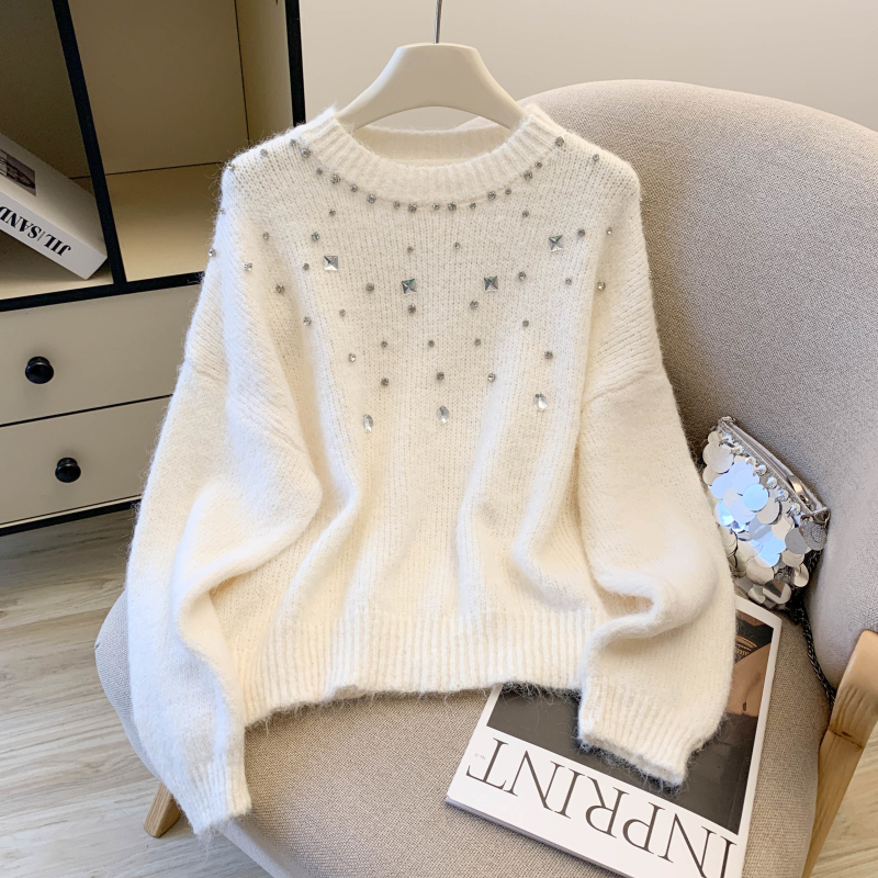 MY15058# 设计感重工烫钻长袖毛衣时尚宽松显瘦针织衫别致慵懒风上衣女...