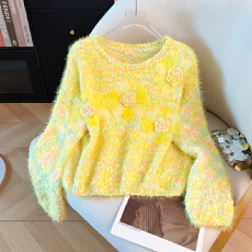 批发仿水<b class='q'>貂绒</b>温柔风甜美软糯毛衣女春秋别致绝美立体花朵短款针织上衣