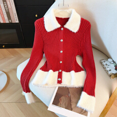 26春款韩版清新撞色翻领单排扣设计感弹力修身显瘦百搭针织上衣女