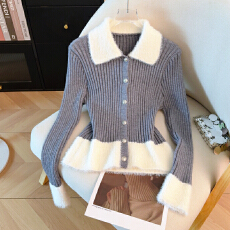 批发26春款韩版清新撞色翻领单排扣设计感弹力修身显瘦百搭<b class='q'>针织</b><b class='q'>上衣</b>女