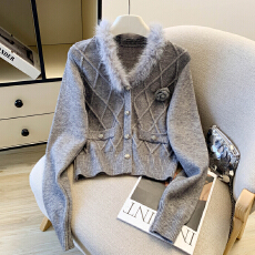 批发2026春季新款小香风外套女毛领高级设计感毛衣开衫