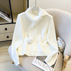 批发2026春款红色精致洋气圆领毛衣开衫配毛球围巾