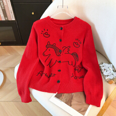 批发2026<b class='q'>春</b>季新款卡通飞马圆领针织开衫女宽松毛衣外套上衣女