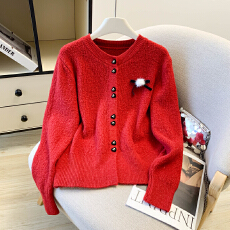 批发2026春款陈大钰新年红色<b class='q'>毛衣</b>开衫外套女内搭软糯<b class='q'>短款</b>气质针织上衣