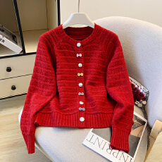 批发2026春季新款红色韩版彩扣百搭<b class='q'>薄款</b>针织开衫女宽松毛衣外套