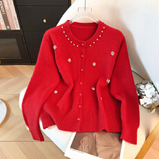 批发2026春款韩系温柔千金风上衣纯色<b class='q'>长袖</b>针织开衫女圆领珍珠毛衣外套