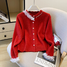 批发2026春款法式小香风重工钉珠新年红色毛衣开衫女<b class='q'>蕾丝</b>拼接针织外套