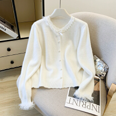 批发2026春款法式小香风重工钉珠新年红色毛衣开衫女蕾丝拼接针织外套