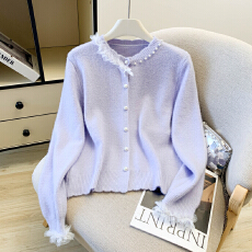 批发2026春款法式小香风重工钉珠新年红色毛衣开衫女<b class='q'>蕾丝</b>拼接针织外套