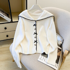 批发2026春季新款千金小香风红色毛衣女蝴蝶结翻领针织外套<b class='q'>短款</b>上衣