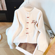 批发2026春季新款红色小香风蝴蝶结毛衣针织开衫外套<b class='q'>女</b>