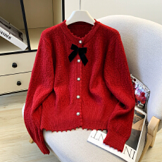 批发2026春款红色毛衣女蝴蝶结针织开衫外套亮丝设计感小香风上衣