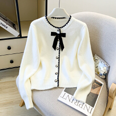 批发2026春款千金风<b class='q'>圆领</b>蝴蝶结<b class='q'>针织</b><b class='q'>开衫</b>女修身显瘦撞色边新年洋气毛衣