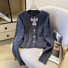 批发2026春款跨年红色法式钉珠<b class='q'>针织</b>衫女新款短款显瘦蝴蝶结毛衣<b class='q'>上衣</b>