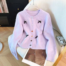 批发2026春款本命年红色蝴蝶结<b class='q'>圆领</b>毛衣外套女宽松百搭<b class='q'>针织</b><b class='q'>开衫</b>