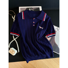 批发夏季新款学院风撞色条纹POLO领刺绣小狗短袖套头针织T恤上衣