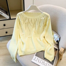 批发春夏法式温柔风粉色立体花朵针织衫女钉珠长袖圆领显瘦减龄短上衣