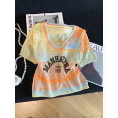 批发<b class='q'>甜美</b>渐变设计针织短袖T恤女2026夏季新款高级感V领宽松显瘦上衣潮