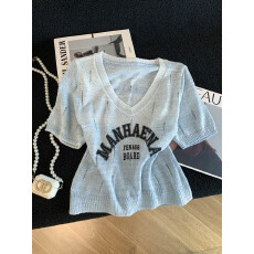 批发甜美渐变设计针织短袖T恤女2026夏季新款高级感V领宽松显瘦上衣潮