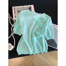 批发十三行立体<b class='q'>花朵</b>短袖宽松显瘦上衣2026夏季新款时尚甜美减龄针织衫