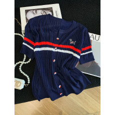 批发<b class='q'>韩版</b>小狗刺绣条纹短袖针织衫2026夏季新款学院风洋气减龄百搭上衣