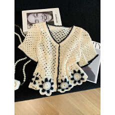 批发民族风蕾丝钩花<b class='q'>镂空</b>短袖针织衫夏季旅游度假风<b class='q'>开衫</b>衬衫宽松薄上衣