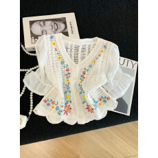 批发法式小清新薄款针织开衫女夏季新款<b class='q'>甜美</b>V领小衫镂空短款雪纺上衣