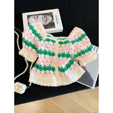 批发钩花镂空方领<b class='q'>条纹</b>短袖<b class='q'>针织</b><b class='q'>开衫</b>女夏季小个子泡泡袖显瘦短款上衣潮