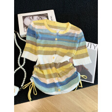 批发2026夏季新款v领撞色<b class='q'>条纹</b><b class='q'>针织</b>衫<b class='q'>开衫</b>女气质修身彩色短袖上衣薄款