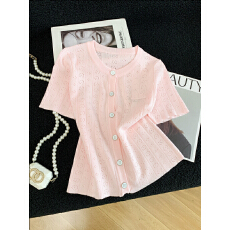 潮牌春夏季甜美风圆领短袖针织开衫女镂空百搭高级感扣子上衣