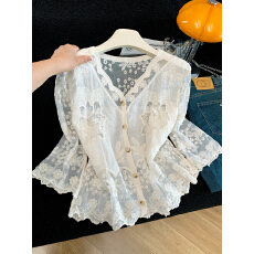 批发法式甜美<b class='q'>镂空</b>蕾丝衫上衣女2026夏季新款大码宽松显瘦V领开衫外套