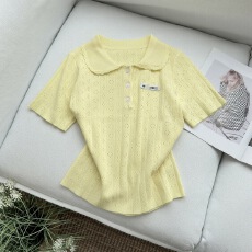 批发<b class='q'>甜美</b>风娃娃领粉色短袖针织衫女夏季新款百搭气质减龄上衣