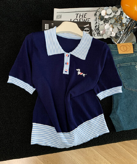 패션 배색 POLO 셔츠 체크무늬 반팔 맨위 여성 여름 디자인 센스 패치워크 자수 몸매 가꾸기 티셔츠
