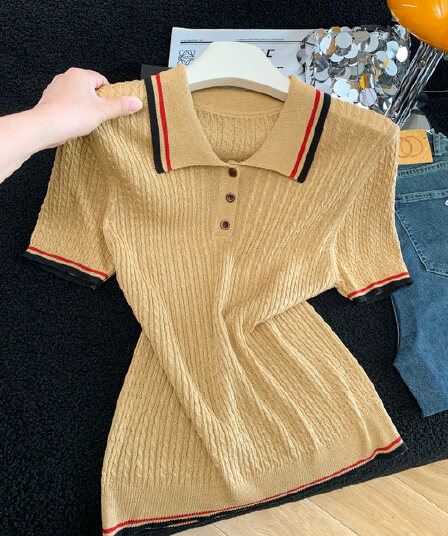 오래된 돈 바람 배색 POLO 칼라 아마 니트 반팔 2026 여름 새로운 여성 유럽 역 슬림해 보이는 다용도 맨위