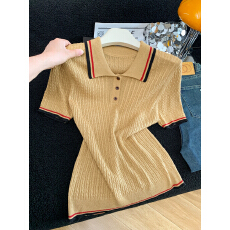 批发老钱风撞色polo领亚麻针织短袖2026夏季新款女欧洲站显瘦百搭上衣