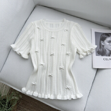 批发甜系少女风蝴蝶结镂空针织短袖2026夏季温柔风收腰设计感显瘦上衣