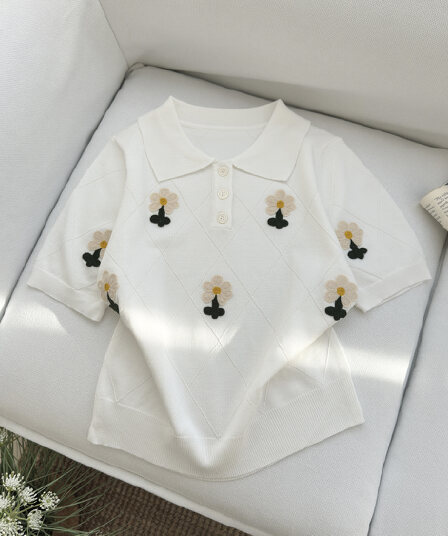 한 부서 POLO 칼라 니트 반팔 티셔츠 여성 2026 새로운 여름 꽃 자수 루즈핏 다용도 슬림해 보이는 맨위