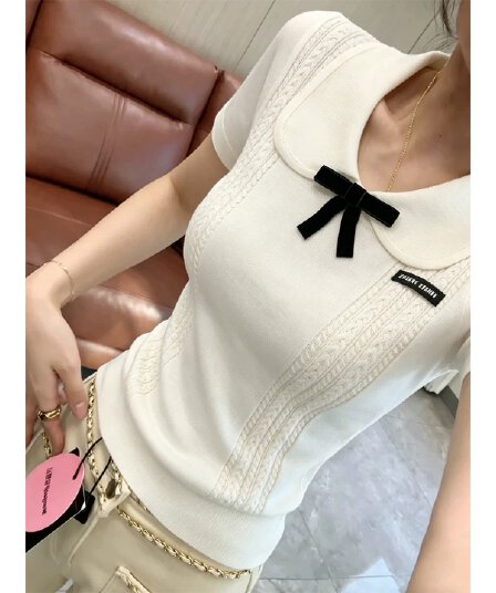 한 부서 베이비 칼라 나비 매듭 반팔 니트 스웨터 여성 여름 새로운 디자인 센스 슬림해 보이는 품격 달콤한 스타일 맨위