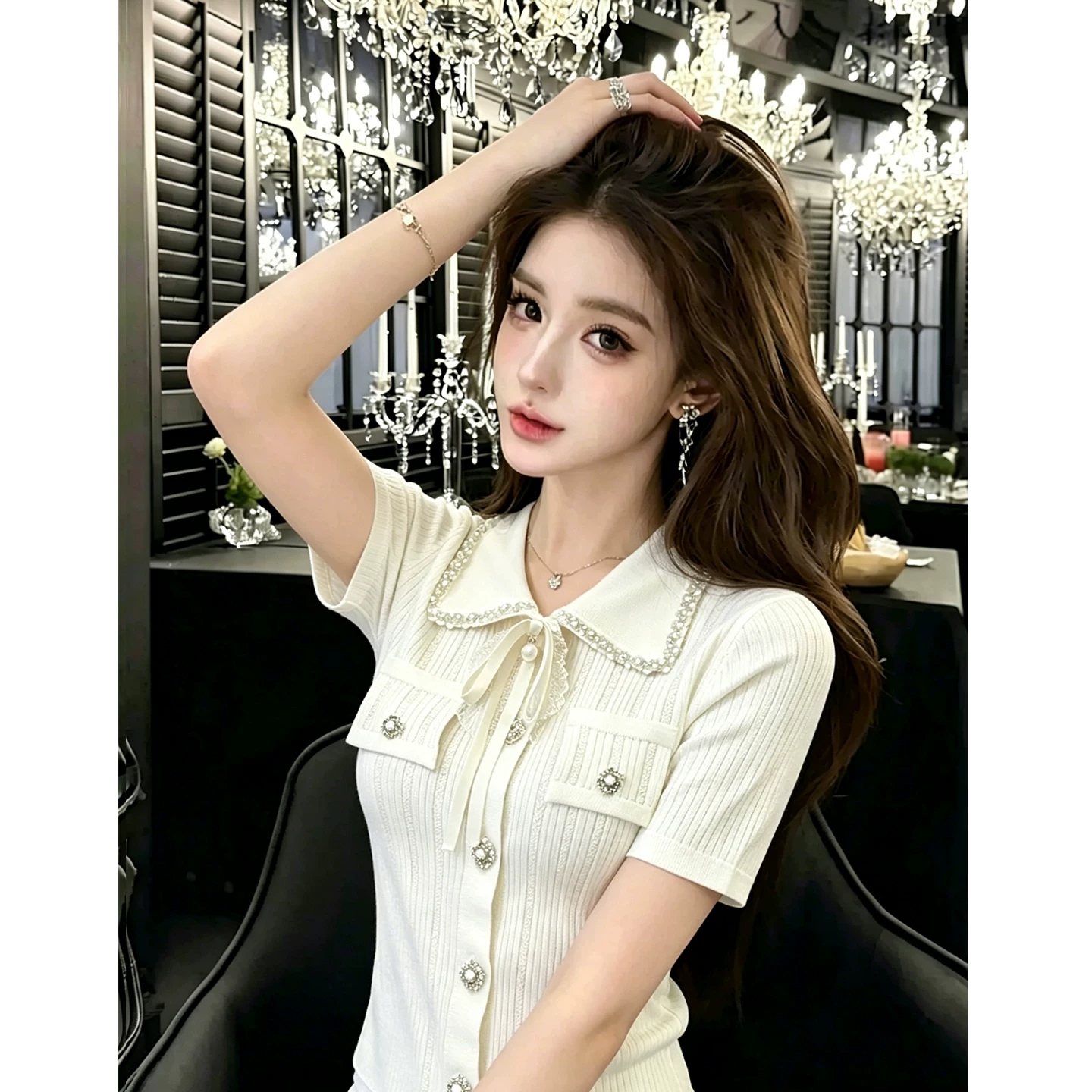 작은 샤넬 스타일 베이비 칼라 레이스업 반팔 니트 스웨터 여성 프랑스식 패션 품격 여름 새로운 단추 오픈 가디건 맨위