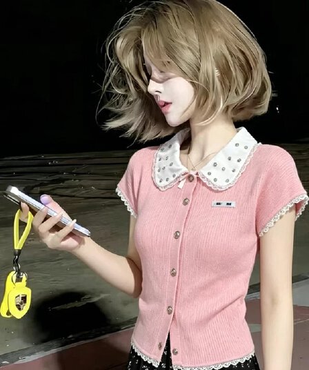 학원 스타일 베이비 칼라 세트 훈련 레이스 측면 니트 오픈 가디건 여성 여름 새로운 핑크색 몸매 가꾸기 슬림해 보이는 달콤함 맨위