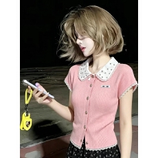 批发学院风娃娃领定钻蕾丝边针织开衫女夏季新款粉色修身显瘦甜美上衣