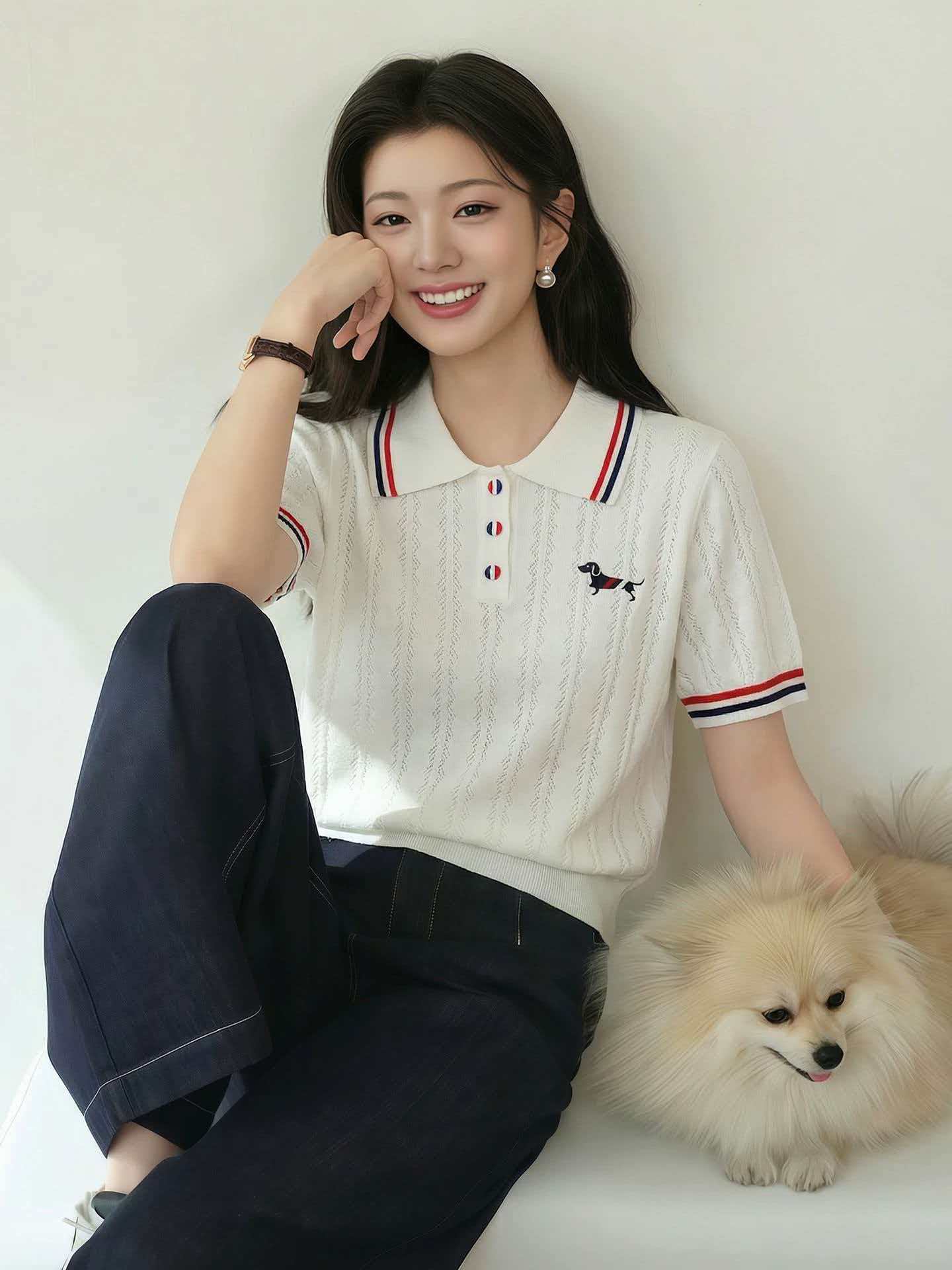 여름 새로운 학원 스타일 배색 스트라이프 POLO 칼라 자수 강아지 반팔 풀오버 니트 티셔츠 맨위