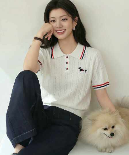 여름 새로운 학원 스타일 배색 스트라이프 POLO 칼라 자수 강아지 반팔 풀오버 니트 티셔츠 맨위