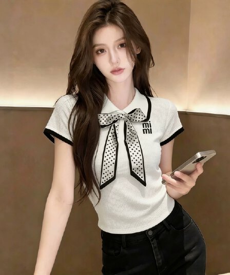 학원 스타일 나비 매듭 도트 무늬 리본 반팔 티셔츠 여성 여름 새로운 품격 아름다운 작은 샤넬 스타일 쇼트 스타일 맨위