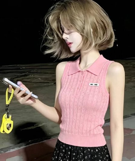 학원 스타일 POLO 칼라 홀로우 아웃 니트 스웨터 여성 여름 새로운 민소매 조끼 슬림해 보이는 고급 센스 핑크색 맨위