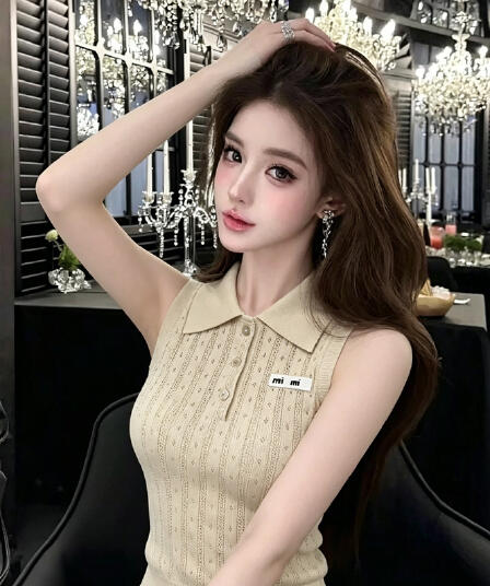 빛 럭셔리 바람 POLO 칼라 홀로우 아웃 니트 스웨터 여성 여름 새로운 몸매 가꾸기 슬림해 보이는 품격 패션 조끼 외출용 맨위