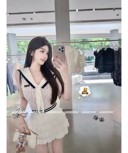 학원 스타일 해군 칼라 니트 조끼 여성 여름 민소매 V넥 배색 스트라이프 맨위 한 부서
