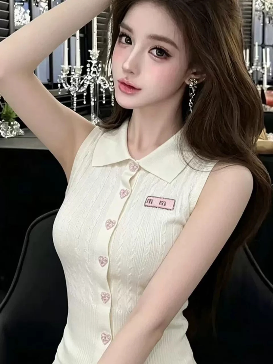 달콤함 소녀 바람 POLO 칼라 자수 니트 조끼 여성 여름 새로운 민소매 외출용 슬림해 보이는 연령 감소 출퇴근 맨위