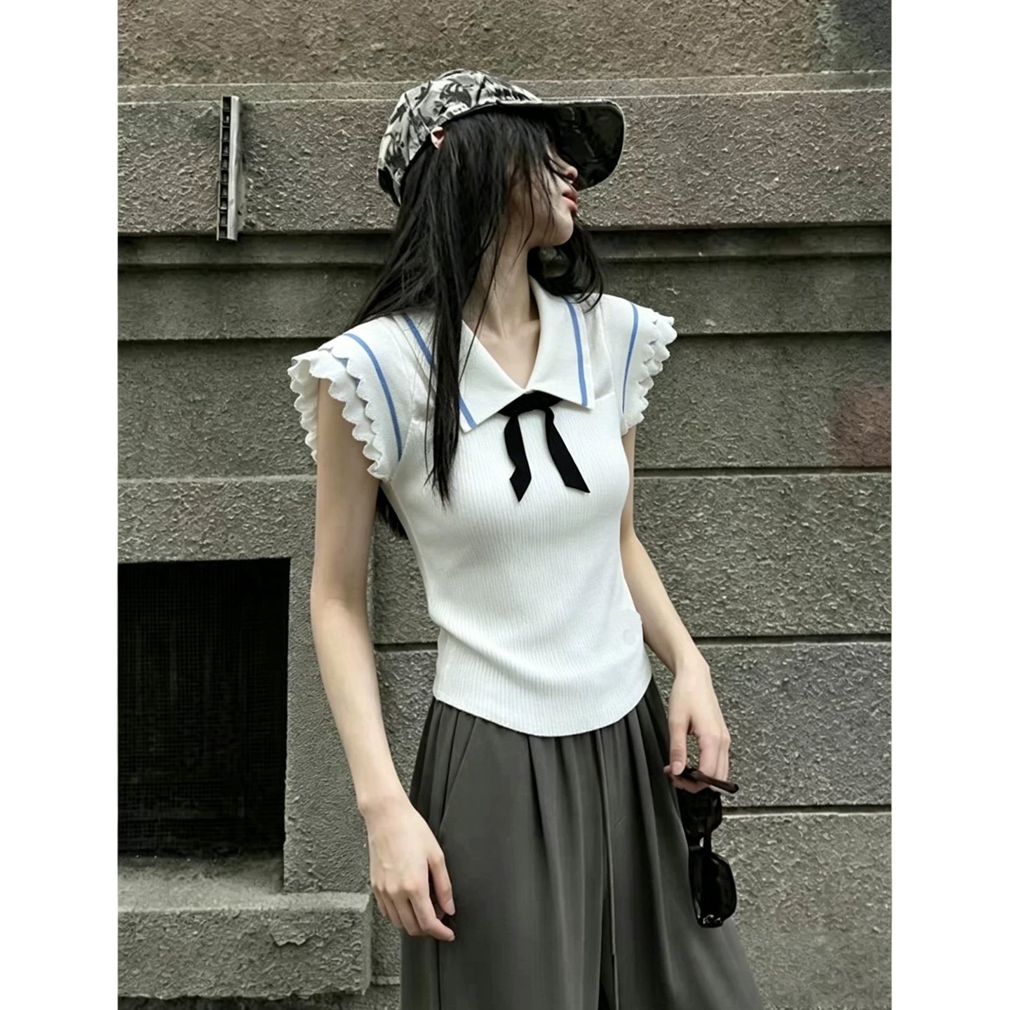 한 부서 학원 스타일 베이비 칼라 작은 날다 소매 짠 셔츠 여성 여름 새로운 나비 매듭 몸매 가꾸기 슬림해 보이는 다용도 맨위