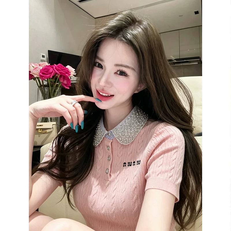 복숭아 분말 스와로브스키 베이비 칼라 니트 반팔 여성 여름 새로운 달콤함 연령 감소 꽈배기 티셔츠